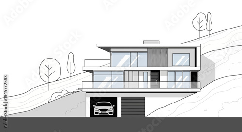 Modern Hillside Villa Architecture with Car in Garage