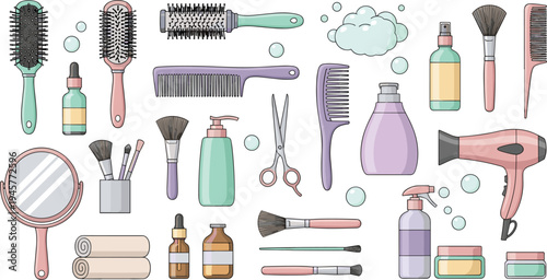 Hair styling tools and beauty accessories vector set with combs, brushes, hairdryer, scissors and cosmetic bottles illustration