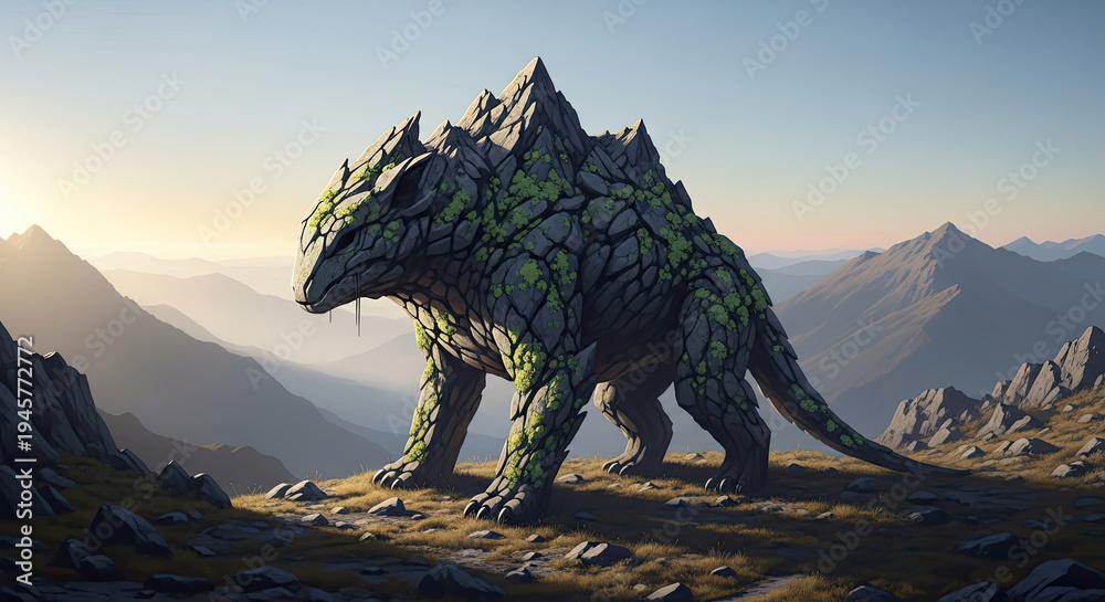 Fototapeta premium A large, green, stone-covered creature stands on a mountain peak with a breathtaking view of rugged mountains and a clear blue sky.
