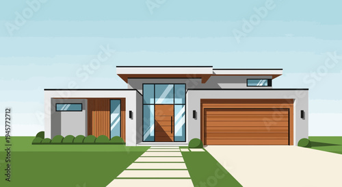 Modern House Exterior Design with Garage and Walkway on Green Lawn