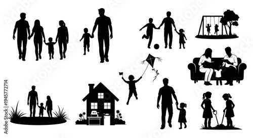 Happy Family Life Moments and Outdoor Parenting Silhouette Vector Set