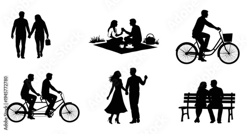 Romantic Couple Activities and Outdoor Lifestyle Silhouette Vector Illustration Set