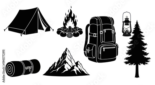 Outdoor Camping Adventure Elements Set With Tent Backpack And Mountain