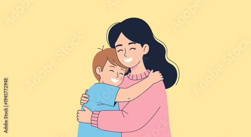 Happy Mother And Son Hugging With Love On Yellow Background