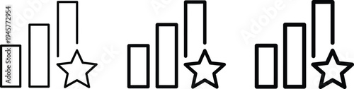 A simple black and white graphic illustration of bar charts with stars