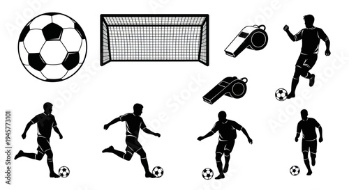 Football Soccer Player Silhouettes Collection With Ball Goal And Whistle