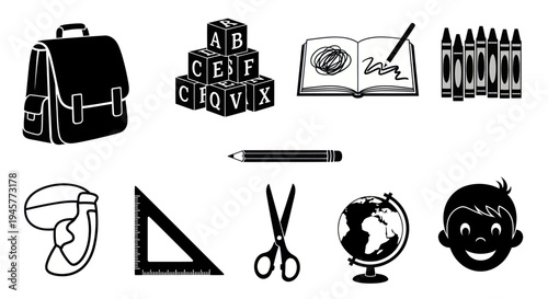 School supplies and educational stationery icons set for back to school