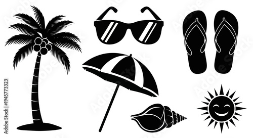 Summer Beach Vacation Black Silhouette Icons Set on White Background