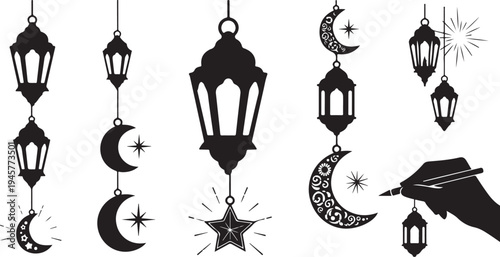 Black and white Islamic lanterns and moon phases illustration