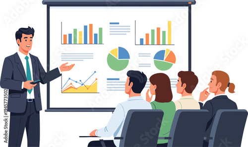 Professional male speaker presenting financial data charts and growth analysis to a focused audience in a corporate office meeting setting.