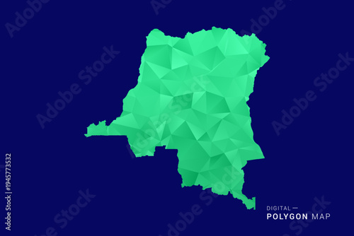Democratic Republic of the Congo Map - low poly polygon vector, geometric triangulated silhouette in green and blue tones, clean modern style, isolated background for infographic use.