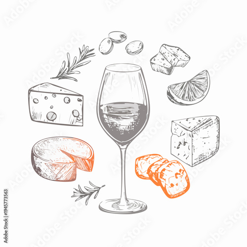 Hand drawn chalk food illustrations. Wedding dinner icons. Wine or champagne glass, cheese, charcuterie drawings for wedding invitations, cafe menus and parties