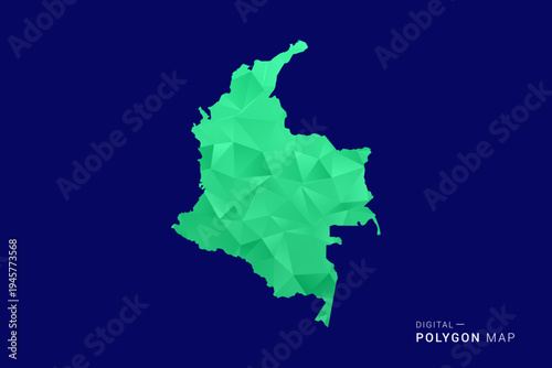 Colombia Map - low poly polygon vector, geometric triangulated silhouette in green and blue tones, clean modern style, isolated background for infographic use.