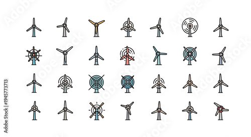 Collection of Colorful Wind Turbine Icons Depicting Renewable Energy Sources