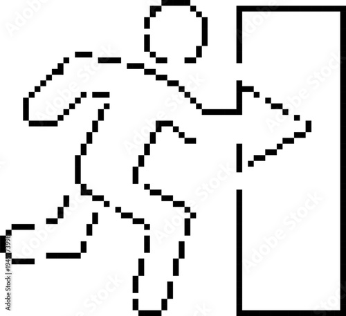 Exit pixel icon, person leaving door sign 8 bit retro game style vector