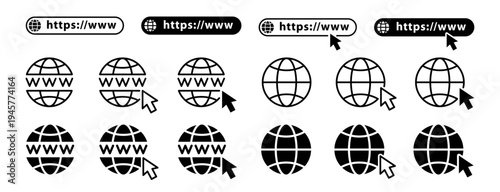 Website Icon. Vector www icon. Website Black And White icons and buttons with or without Cursor.