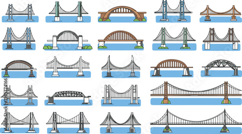 Modern bridge vector icon set featuring suspension, arch, and truss bridge designs over water isolated on white for civil engineering projects.