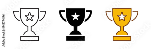 Trophy vector icon in outline, glyph, filled outline style. Black and White and Coloured Three icon style Variations Set