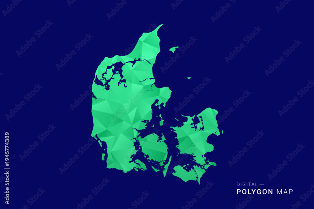 Obraz premium Denmark Map - low poly polygon vector, geometric triangulated silhouette in green and blue tones, clean modern style, isolated background for infographic use.