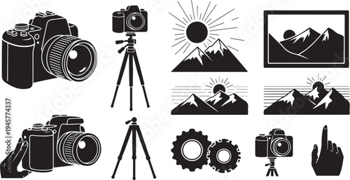 Photography icons and equipment for capturing mountain landscapes perfectly