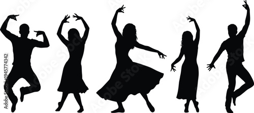 Dancing people silhouettes collection, expressive male and female dancers isolated vector illustration set on white background
