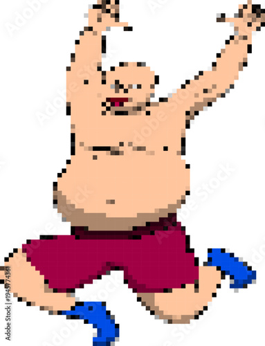 Plus size man pixel character, running athlete 8 bit retro game style vector