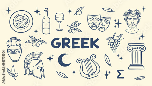 Hand drawn doodle Greek culture elements illustration. Ancient Greece and Sparta doodle icon set vector collection

