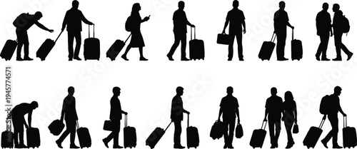 Travelers with luggage silhouette collection isolated on white background, people walking with suitcases airport tourism travel vector set