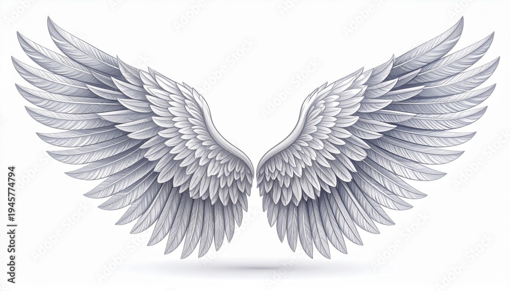 Fototapeta premium Pair of Majestic White Angelic Wings Spread Open in Detailed Illustration