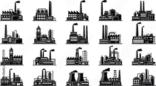 Set of Industrial Factory Icons Featuring Manufacturing Plants Chimneys Power Stations and Warehouse Buildings in Black Silhouette Style for Engineering Design
