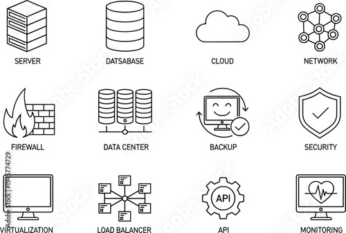 Information technology infrastructure icon collection, server database cloud network firewall vector, data center security backup API monitoring graphic design resource