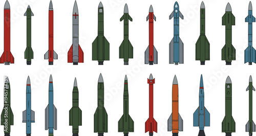 Set of Military Missile Icons Including Rockets Ballistic Missiles Air to Air Weapons and Tactical Projectiles for Defense and Science