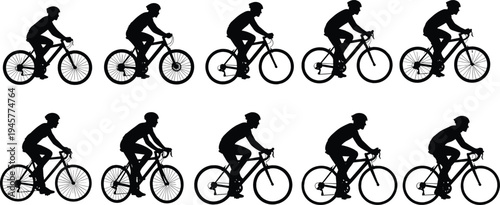 Cyclist riding bicycle silhouette set isolated on white background, road bike rider collection showing different cycling positions and movement