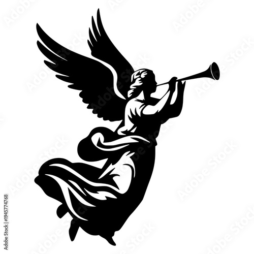 A minimalist black and white vector illustration of an angel blowing a trumpet with large wings spread wide