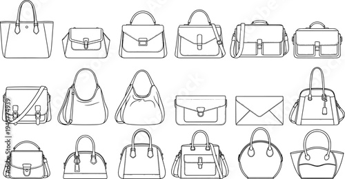 Set of Women Fashion Handbags Icons Including Totes Satchels Clutches Shoulder Bags and Messenger Bags Line Art Outlines for Retail Design