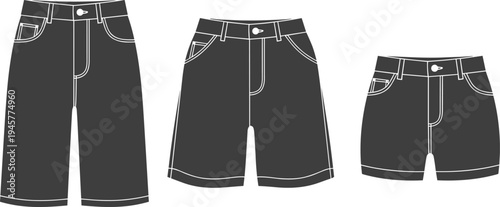 Denim shorts and pants silhouette set isolated on white background, casual clothing apparel template, fashion garment vector illustration
