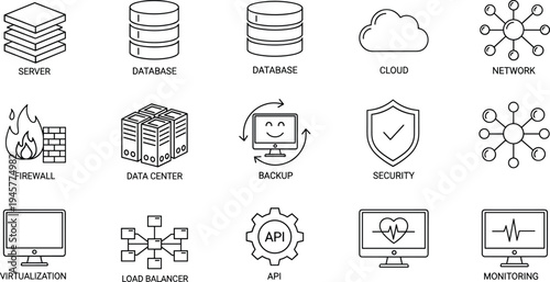 Information technology infrastructure icon collection, server database cloud network firewall vector, data center security backup API monitoring virtualization graphic design resource