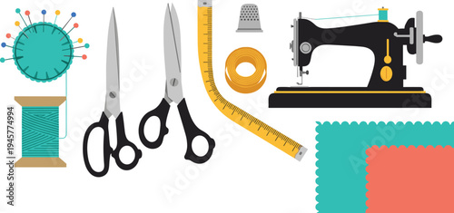Sewing machine and tailoring equipment set with scissors thread pins measuring tape and thimble flat vector illustrations isolated on white