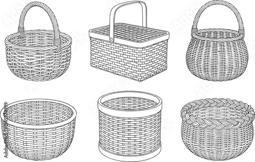 Set of Wicker Basket Icons Featuring Picnic Hampers Woven Fruit Baskets and Storage Containers in Line Art Style for Design