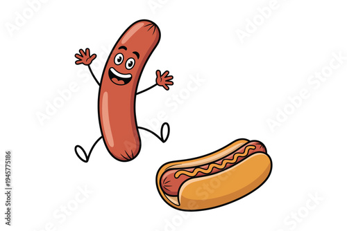 A cheerful cartoon hot dog character jumps towards a fully dressed hot dog ideal for playful designs on transparent background.