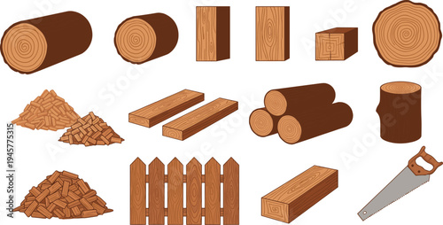 Wood log lumber and timber set with wooden planks fence hand saw and wood chips flat vector illustrations on white