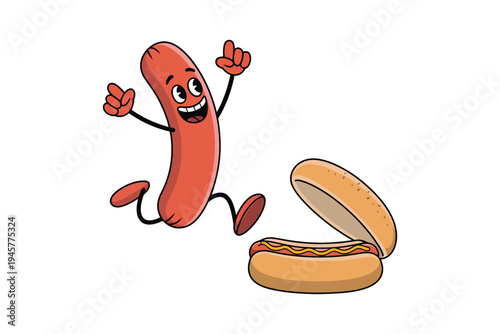 A cheerful cartoon sausage character dances near a prepared hotdog and bun on transparent background high-quality professional detailed modern elegant.