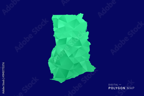 Ghana Map - low poly polygon vector, geometric triangulated silhouette in green and blue tones, clean modern style, isolated background for infographic use.