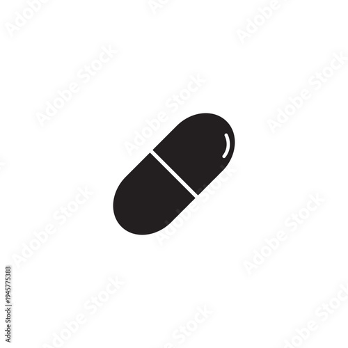 Minimalist black capsule pill icon isolated on white background. Simple flat design with two-tone segments, perfect for pharmacy branding, medicine, and healthcare concepts.
