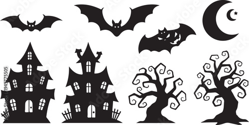 Halloween Silhouette Set with Bats, Trees, and Haunted House