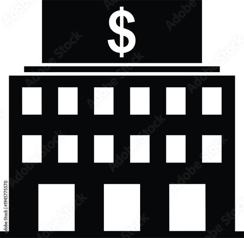 Bank building silhouette with dollar symbol sign, financial institution office icon representing banking, finance and money services isolated on white background business concept