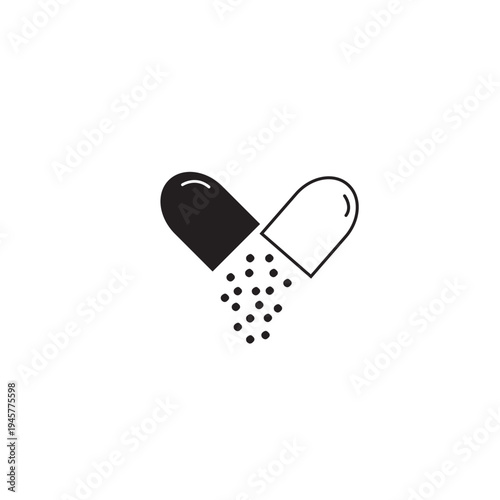 Open capsule pill icon with granules in minimalist black and white style. Vector illustration for medical, pharmacy, and healthcare concept.
