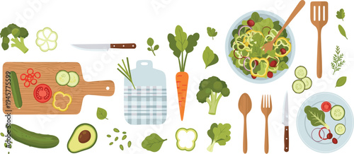 Healthy vegetable salad ingredients vector set with cutting board, knife, avocado, cucumber, carrot and fresh greens illustration