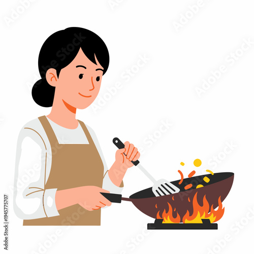 A woman stir-frying food in a wok with flames, wearing an apron and using a spatula.