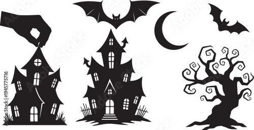 Halloween Silhouette Set with Houses Bats and Tree Branches